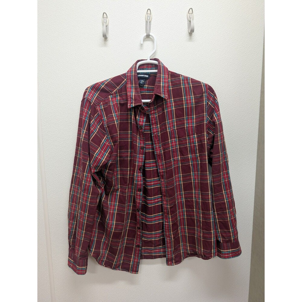 Lands End Tailored Fit L Tartan Plaid Cotton Flannel Shirt Button Top Outdoor